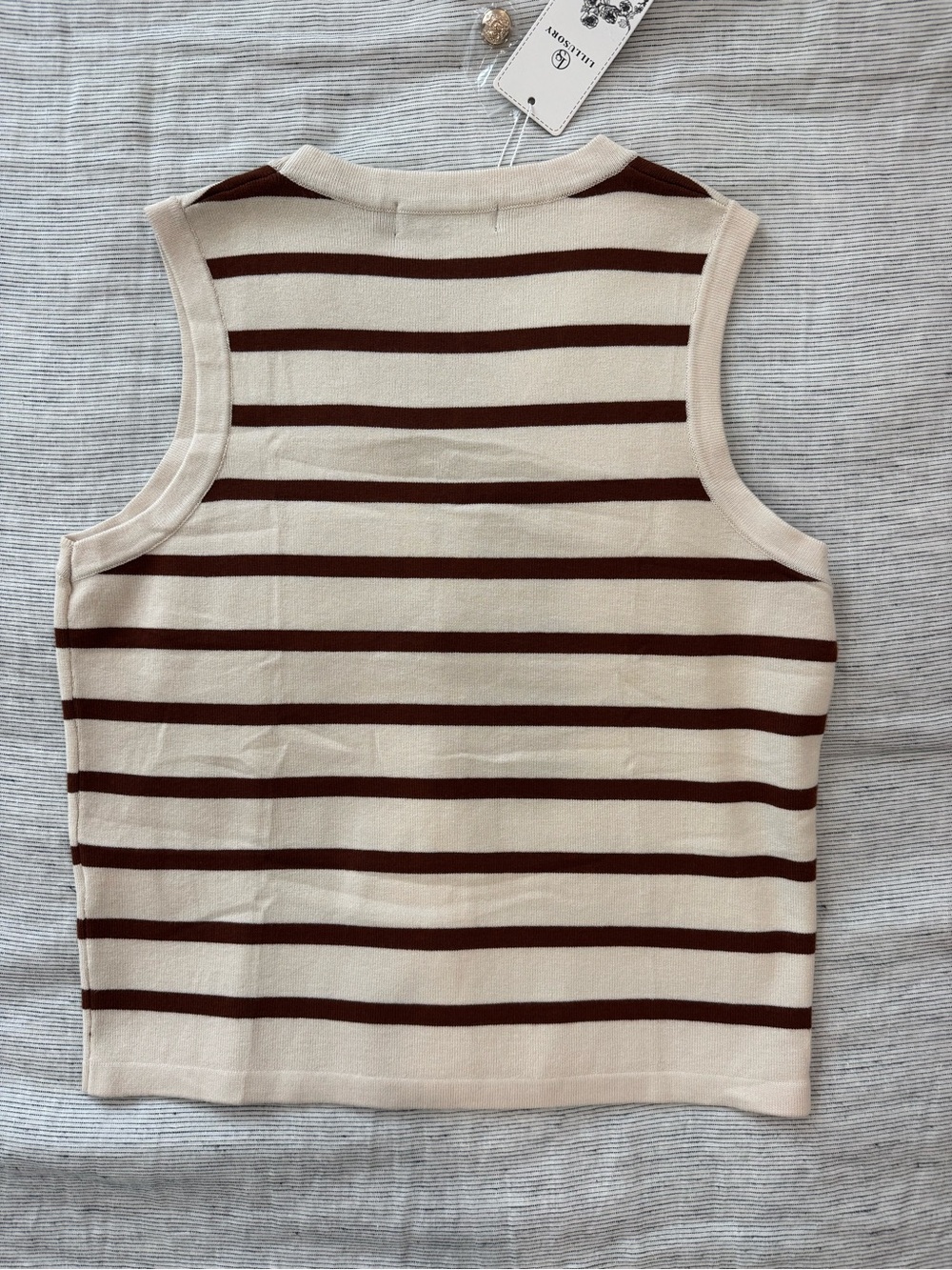 Sleeveless Beige and Brown Striped Button-Front Knit Vest - Picture 4 of 4